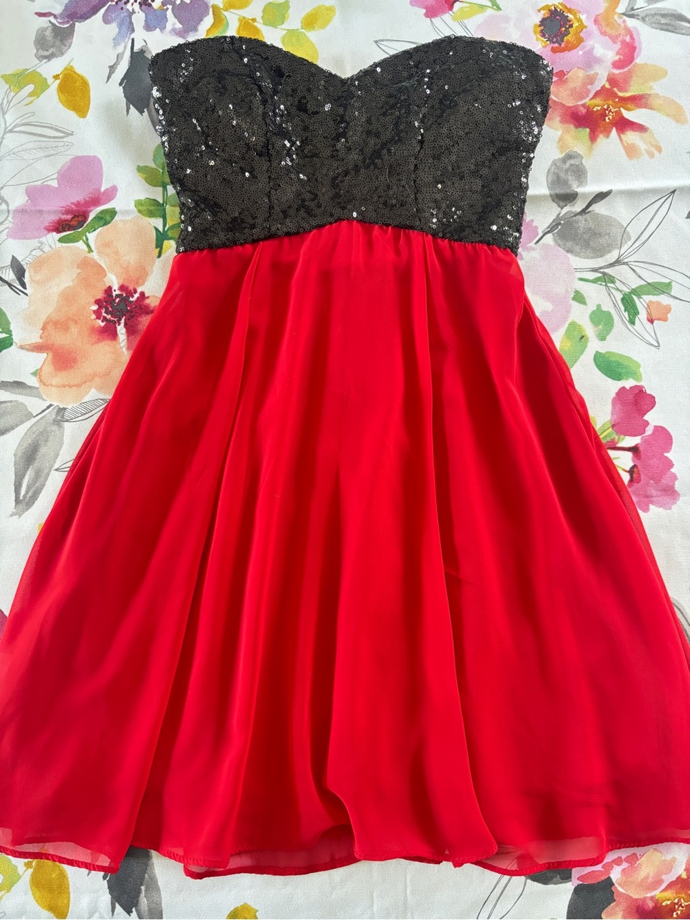 Strapless Red Chiffon Dress with Black Sequin Bodice